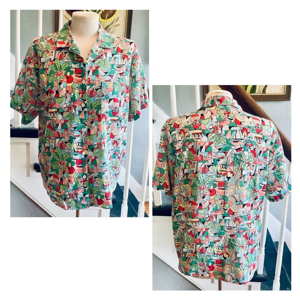 1980s Turquoise Pink Hawaiian Style Deco Inspired MCM Tropical Print Shirt